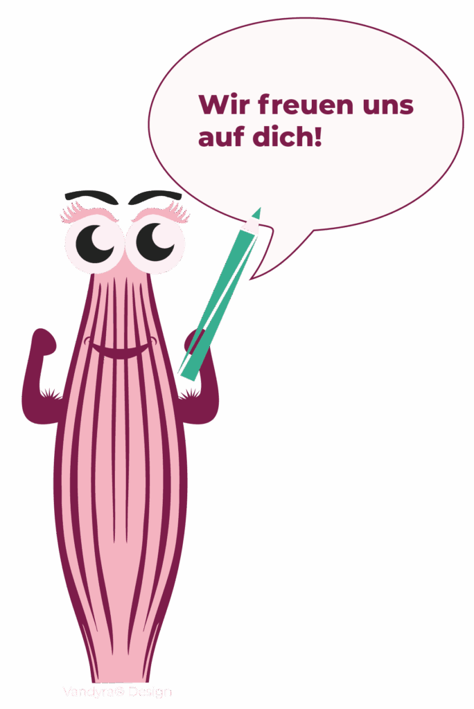 Muskelmaskottchen Herkuline mit Sprechblase: Wir freuen uns auf dich!