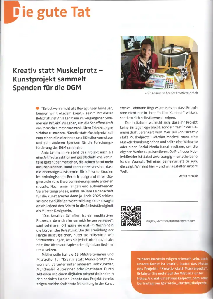 Interview der Initiatorin von Kreativ statt Muskelprotz in der DGM Zeitschrift dem Muskelreport - Ausgabe 01/2026