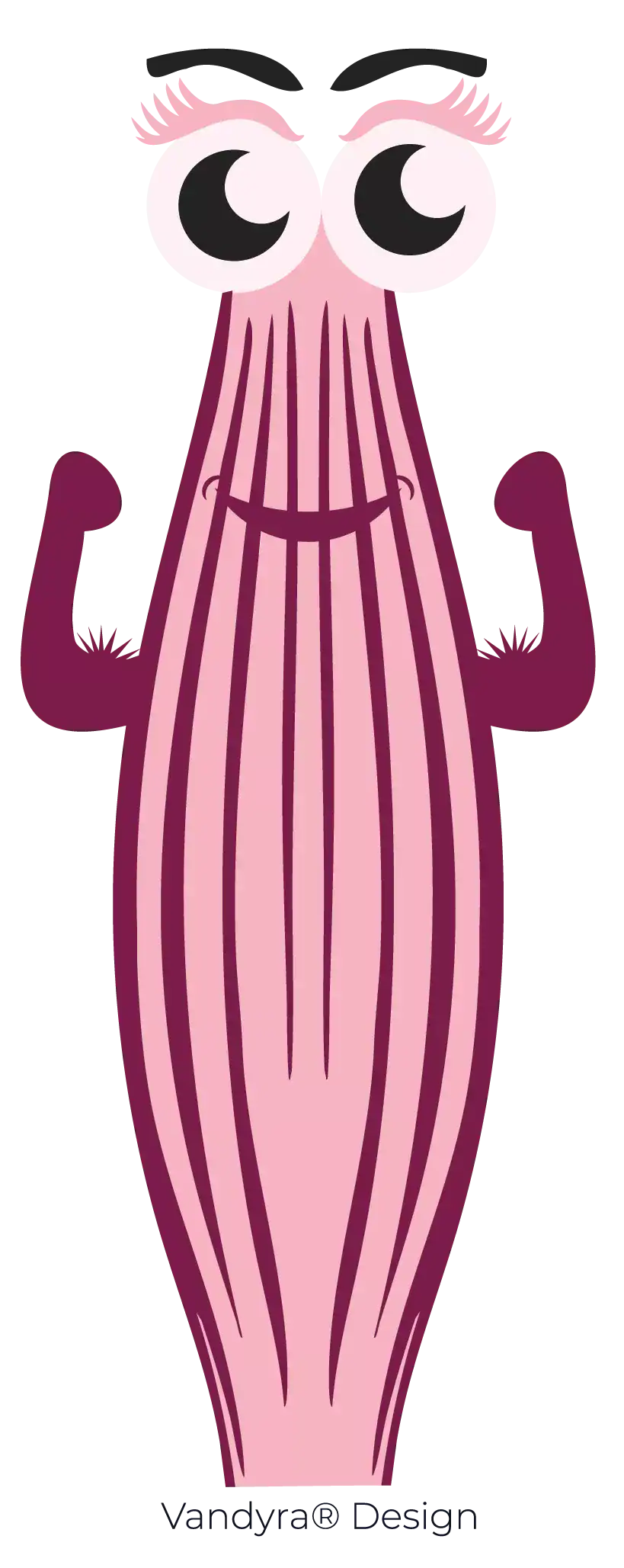 Herkuline, das Maskottchen der Website: "Kreativ statt Muskelprotz", stellt eine Muskelfaser dar mit schwachen kranken Muskeln und schlaffen Armen.