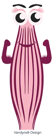 Herkuline, das Maskottchen der Website: "Kreativ statt Muskelprotz", stellt eine Muskelfaser dar mit schwachen kranken Muskeln und schlaffen Armen.