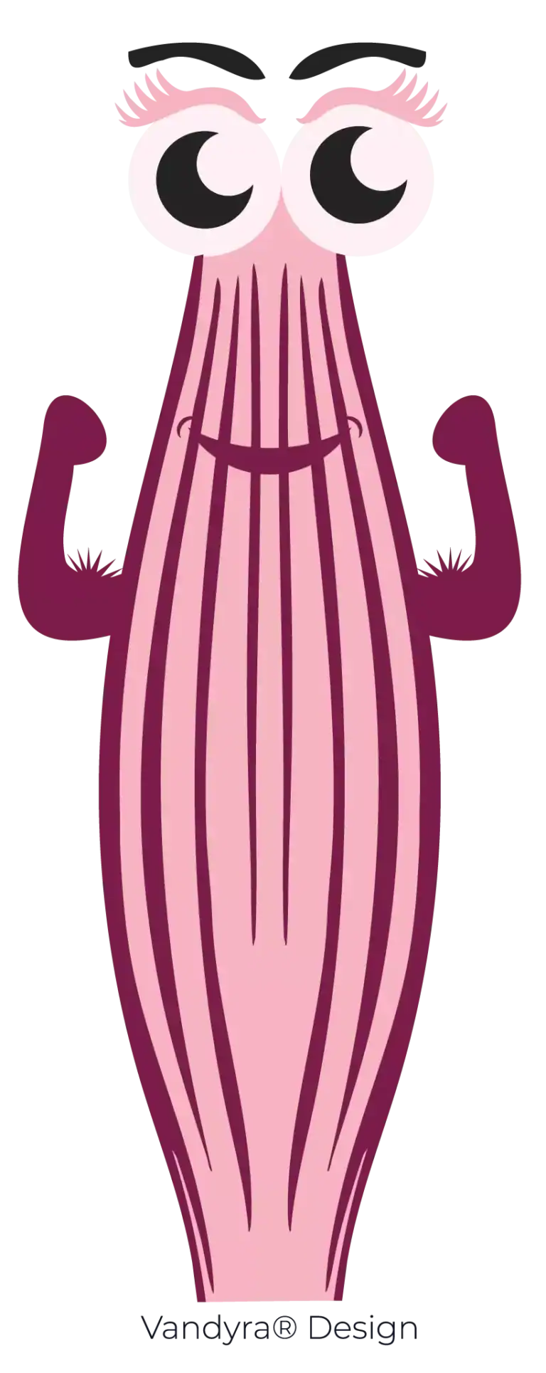 Herkuline, das Maskottchen der Website: "Kreativ statt Muskelprotz", stellt eine Muskelfaser dar mit schwachen kranken Muskeln und schlaffen Armen.