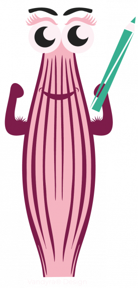 Muskelerkrankung: Cartoon-Muskelfaser-Maskottchen „Herkuline“ hält einen Stift.